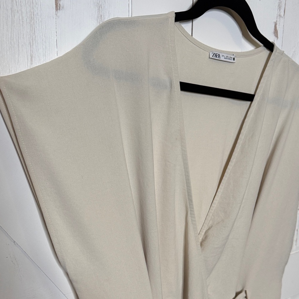 Zara Cream V Neck Tie Waist Midi Dress - Picture 7 of 10